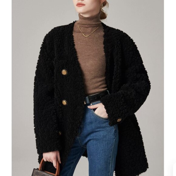 Collarless Mid-Length Textured Teddy Coat - Picture 3 of 5